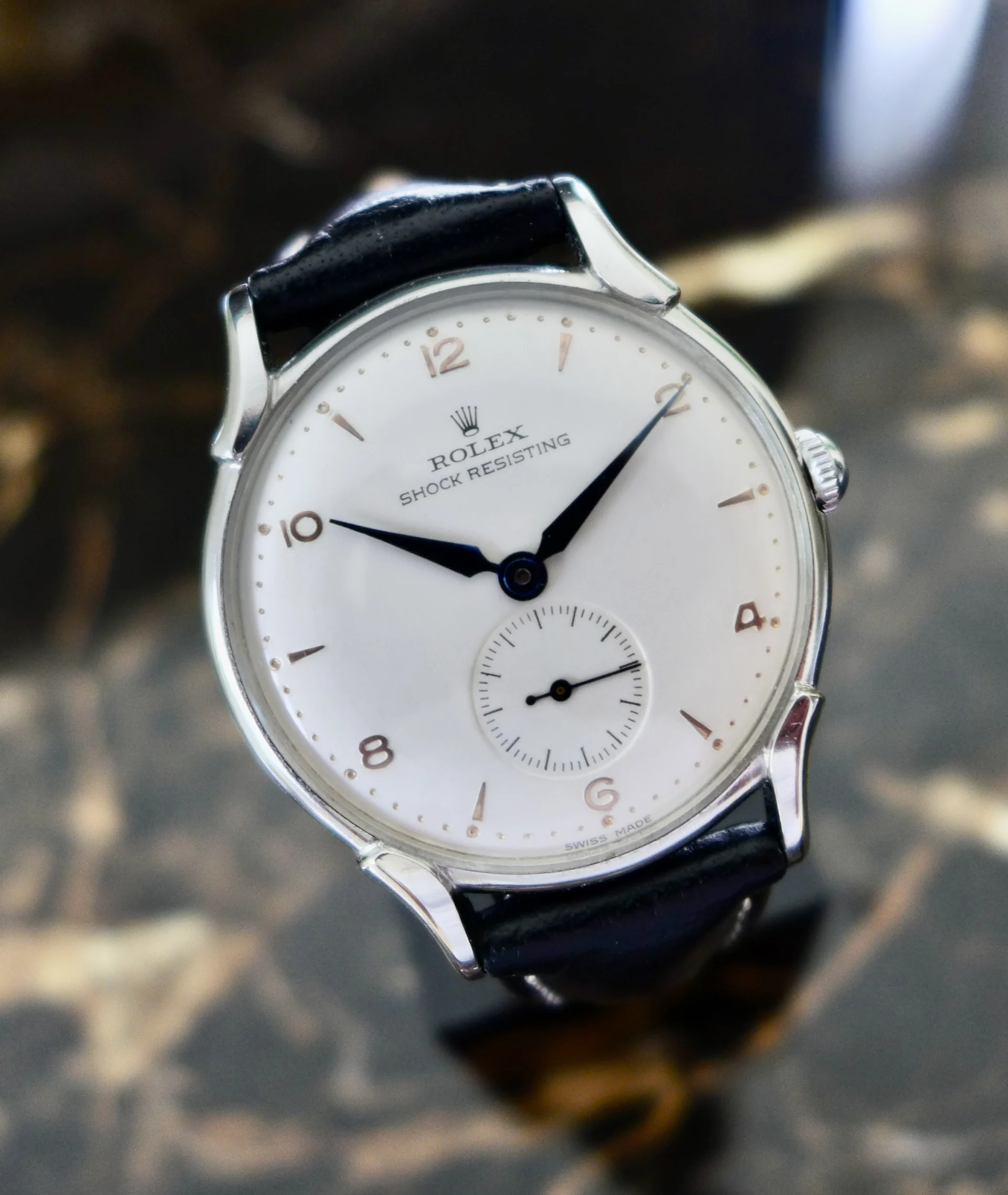 A BEAUTIFUL VINTAGE 1947 OVERSIZE 35mm ROLEX PRECISION WATCH FANCY LUGS IN STEEL