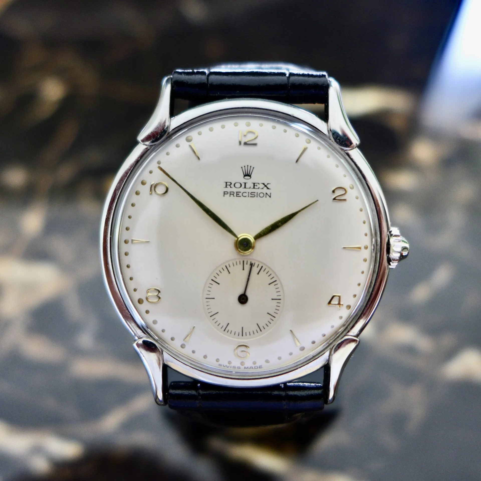 A BEAUTIFUL VINTAGE 1946 OVERSIZE 35mm ROLEX PRECISION WRISTWATCH WITH FANCY LUGS IN STAINLESS STEEL